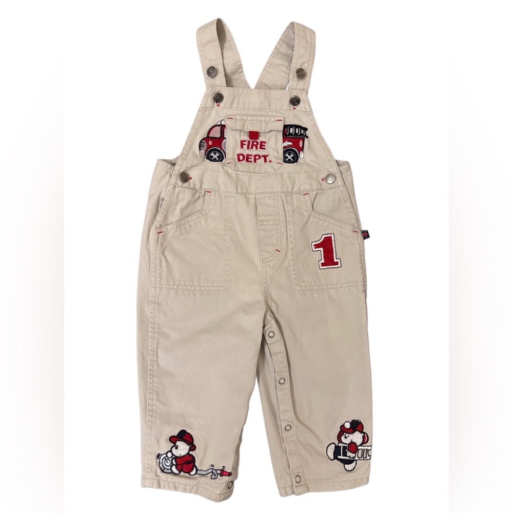 Vintage 90’s Baby Toddler Fire Department Cute Puppy Khaki Denim Overalls - 24M